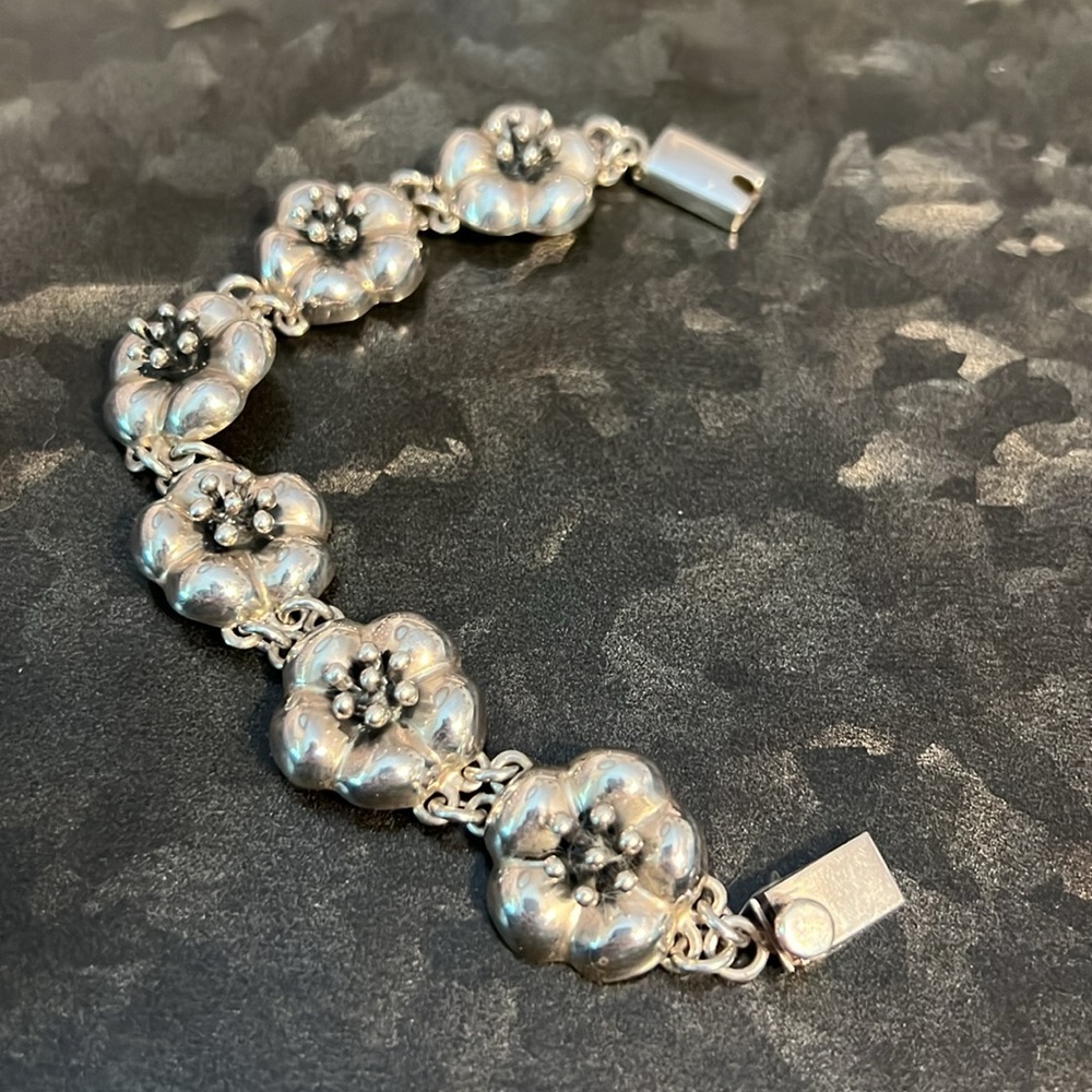 Vintage Sterling Silver Hibiscus Flower Panel Link Floral Bracelet Mexico Marked